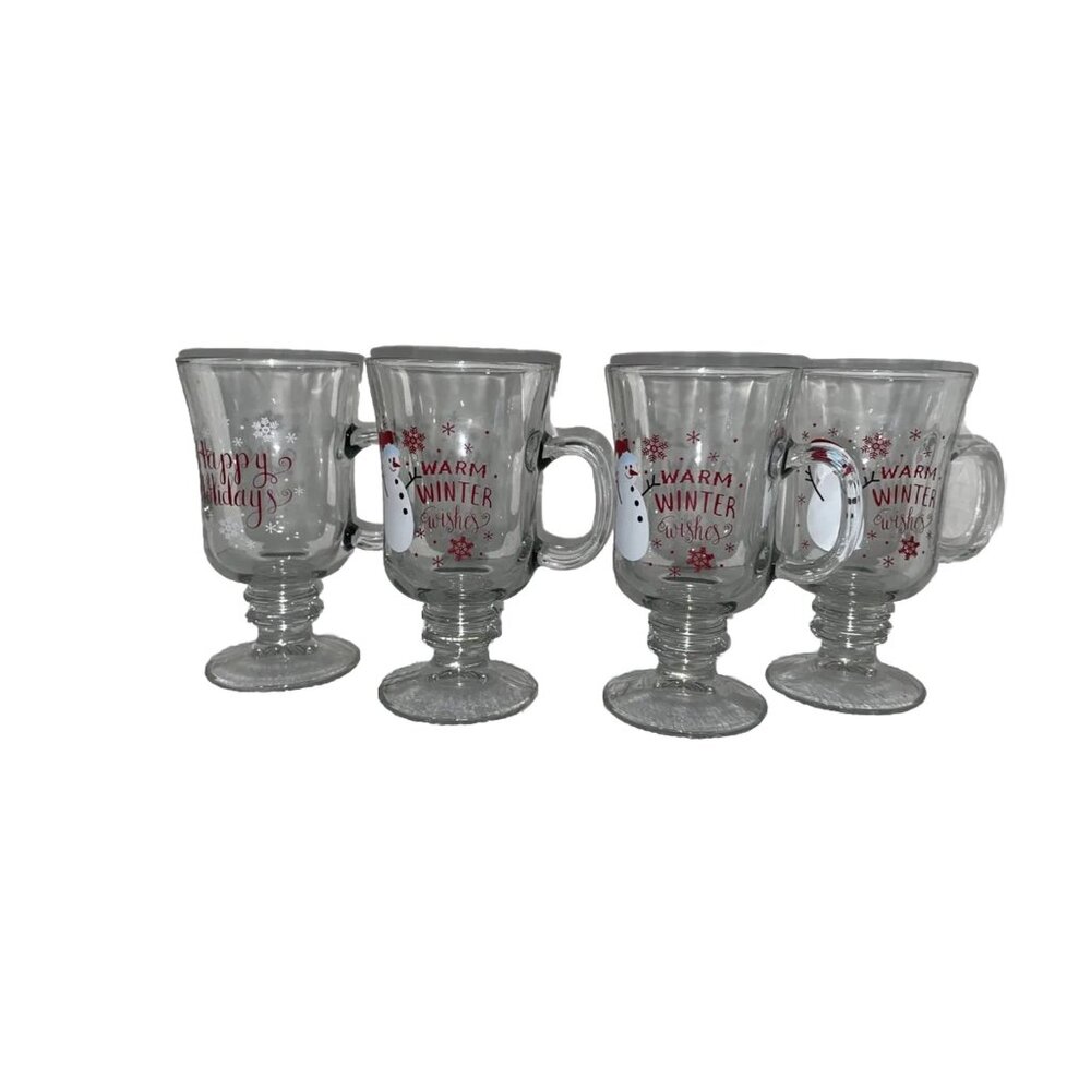 Glass Christmas Snowman "Warm Winter Wishes" Irish Coffee Mugs-Set of 4 Holiday